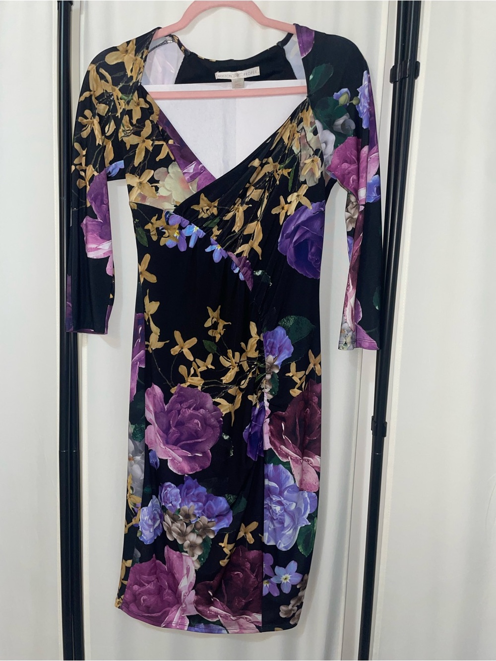 Boston Proper Black Floral Wrap Dress with Purple and Gold Accents